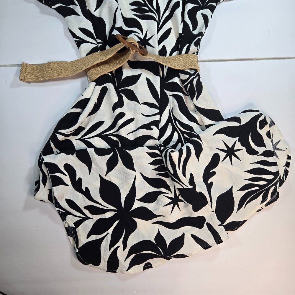 Fred David Black & White Tropical Print Belted Midi Dress - Picture 15 of 15
